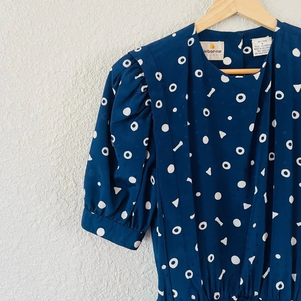 Vintage Liz Claiborne Navy Blue Button Back Abstract Print Pleated Midi Dress - Picture 2 of 16